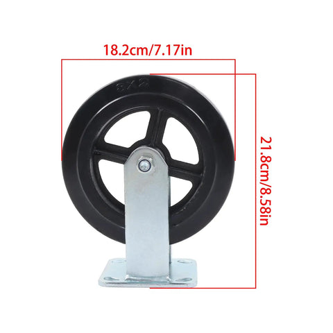Heavy Duty Rigid Caster Wheels Eight Inch By Two Inch Featuring Rubber Tires And Solid Cast Iron Cores For smooth rolling on hard floors.
