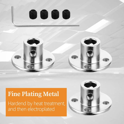 Front view of four 6mm rigid flange shaft couplers with base flanges, screws holes, and included hex key