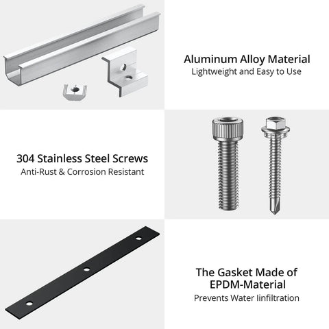 Components of Six Pack Solar Panel Mounting Brackets Kit with 7.87 Inch Aluminum Rails and 30mm and 35mm End Clamps shown