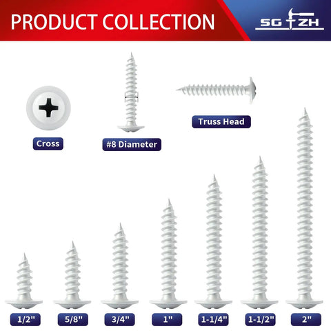 Rock Solid Size 8 By Three Quarter White Wood Screws 212 Piece Box Phillips Truss Head self-tapping fasteners collection.