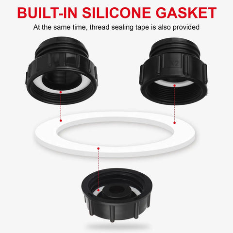 Heavy Duty IBC Tote Adapter Kit For 275 330 Gallon Drums With Three Thread Sizes 1/2 In NPT Inlet, 2 In Fine, 2 In Coarse, And 3/4 In Male GHT Brass Hose Faucet Connector With High Flow Shutoff, built-in silicone gasket