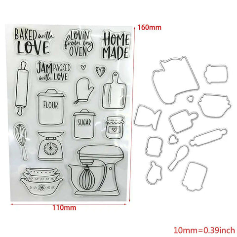Silicone Clear Stamp And Die Set For Card Making And Diy Embossing Projects with kitchen-themed designs including rolling pin and mixer