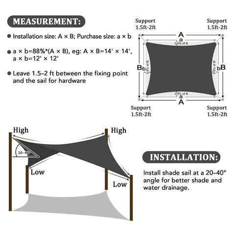 Diagram of Heavy Duty 20 by 24 Foot Rectangle Shade Sail in Dark Gray showing installation instructions and angle for UV block.
