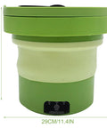 Portable Mini Washing Machine 6 Liter Foldable Compact Cleaner in green, measuring 29CM and 28CM for travel and small spaces.