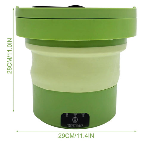 Portable Mini Washing Machine 6 Liter Foldable Compact Cleaner in green, measuring 29CM and 28CM for travel and small spaces.