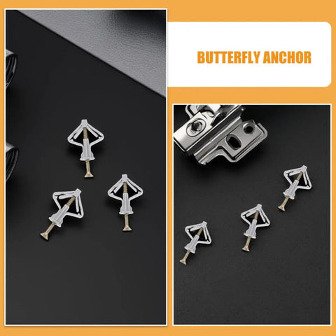 Close-up of butterfly anchors and screws from 50 Piece Drywall Anchors Kit with Screws Plastic Butterfly Anchors Beefy Heavy Duty for walls