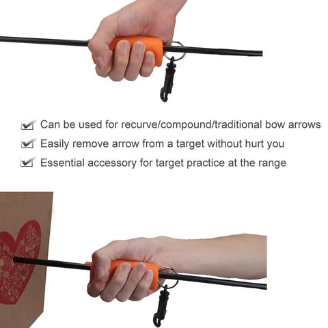 Hand holding Orange Archery Arrow Puller Gripper With Belt Clip Two Pack Grab And Go Soft Molded Handle Anti Skid Grip