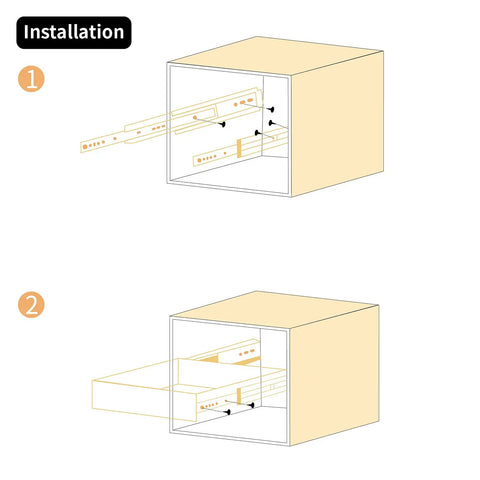 Installation steps for Built Like A Tank 20 Inch Full Extension Ball Bearing Drawer Slides showing positioning and drawer movement.