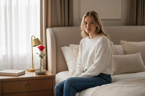 Rock Solid Bloom Bud Vase With Heavy Granite Base And Glass Flower Holder on bedside table next to woman sitting on bed