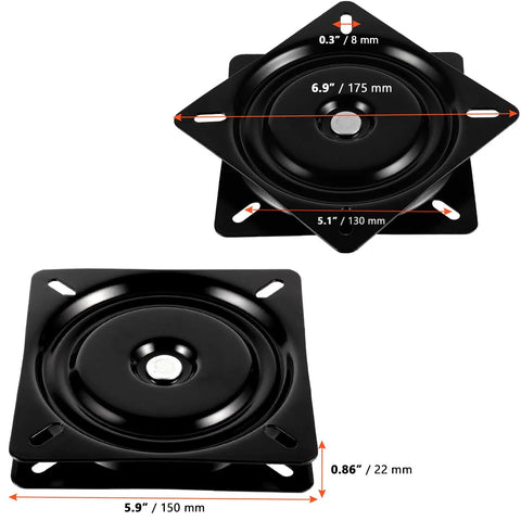 Heavy Duty 6 Inch Bar Stool Swivel Plate 360 Degree Ball Bearing Replacement Square Seat Swivel Base For Recliner Chair Or Furniture 300 Pound Capacity Black Four Pack, dimensions labeled