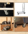 Various views of Heavy Duty Swivel Caster Wheels With Polyurethane Tread 2 Inch Diameter, showing installation and use.