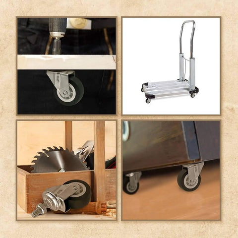 Various views of Heavy Duty Swivel Caster Wheels With Polyurethane Tread 2 Inch Diameter, showing installation and use.