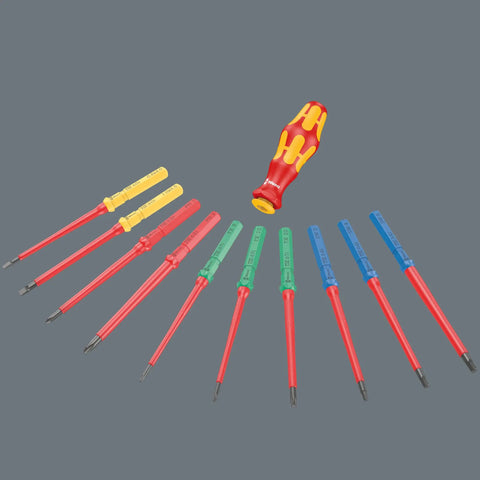Compact VDE Insulated Screwdriver Set Of 26 Pieces Kraftform Kompakt Big Pack With Anti Roll Handles displayed spread out