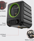 Red Cross Line Laser Level For Picture Hanging And Tile Work, 100 Foot Range, High Brightness Beams shown with battery compartment