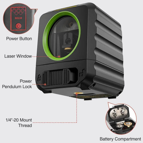 Red Cross Line Laser Level For Picture Hanging And Tile Work, 100 Foot Range, High Brightness Beams shown with battery compartment