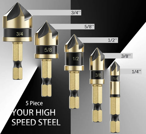 Five Piece Countersink Drill Bit Set For Metal With M2 Cobalt Bits, 82 Degree Countersink, Hex Shank, Sizes 1/4 to 3/4 inch