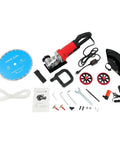 Heavy Duty Electric Concrete Cutter With 13 Inch Diamond Blade And Rolling Stand 4000W Masonry Groover parts and accessories laid out on a table.