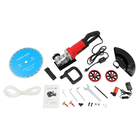 Heavy Duty Electric Concrete Cutter With 13 Inch Diamond Blade And Rolling Stand 4000W Masonry Groover parts and accessories laid out on a table.