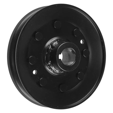 Heavy Duty Universal 46 Inch Blade Drive Pulley For John Deere Lawn Mower Replacement Part AM105652 side view showing durable black metal design.