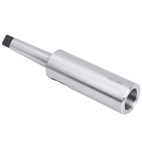 Side view of silver MT3-MT4 Morse taper reducing drill sleeve adapter for lathe milling