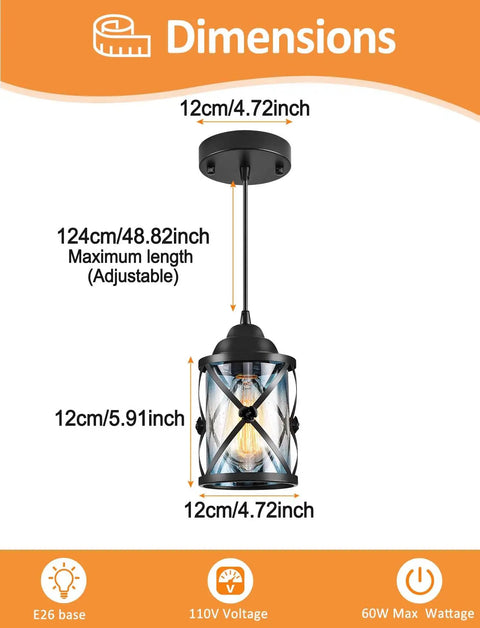 Dimensions of Black Pendant Lights For Kitchen Island With Glass Shades, Adjustable Hanging Ceiling Fixture, Farmhouse Chandelier