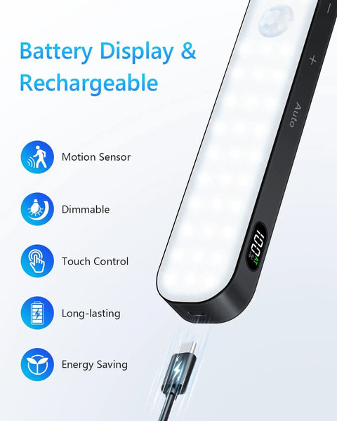 Go-To Rechargeable Under Cabinet Lights With Battery Level Display 60 LED Motion Sensor Dimmable Touch Control and features