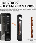 Compact Bike Repair Tool Kit with Flip Case showing vulcanized tire plug strips for emergency patching.