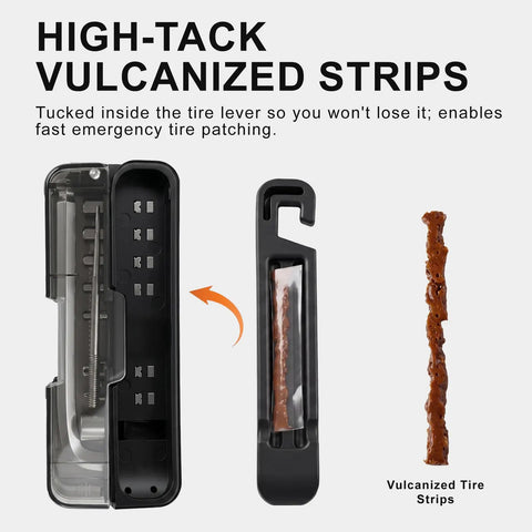 Compact Bike Repair Tool Kit with Flip Case showing vulcanized tire plug strips for emergency patching.