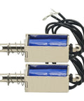 Duo Pack 12V DC Solenoids With 5N Force And 10mm Stroke, 300mA Pull Push Type Electromagnets, two with plunger and wires visible