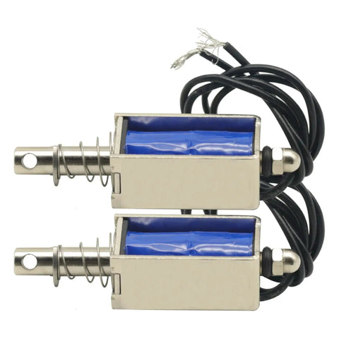 Duo Pack 12V DC Solenoids With 5N Force And 10mm Stroke, 300mA Pull Push Type Electromagnets, two with plunger and wires visible