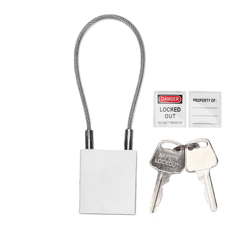 Beefy Heavy Duty 85mm Shackle Lockout Tagout Cable Lock with aluminum housing, PVC coated steel cable, keys, and lockout tags.