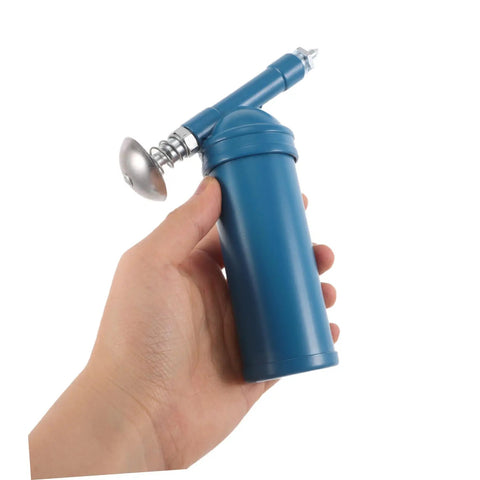 Hand holding 80cc Mini Grease Gun Portable Manual Lubrication Tool with Sky Blue Electroplated Finish, includes greasing nozzle.