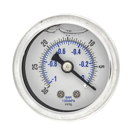Front view of Liquid Filled Center Back Mount Pressure Gauge with 1.5 inch dial, stainless steel case, vacuum 30 InHg to 0 psi range.