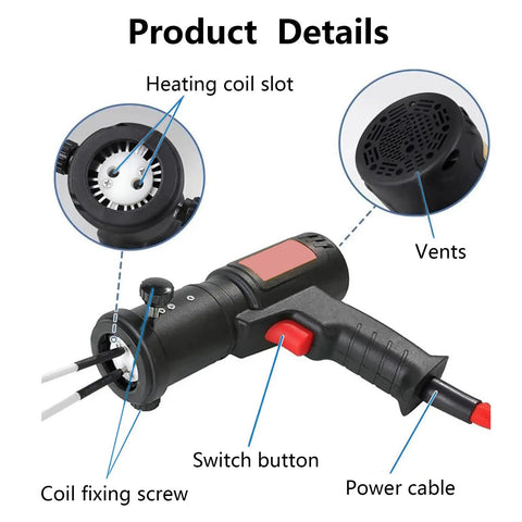 Close-up of Mini Handheld Electromagnetic Induction Heater 1500W showing switch, vents, and heating coil slot for detailed view.