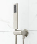 Slick Matte Black Hibiscus Thermostatic Shower System With 1.8 GPM Flow Control showerhead mounted on the wall