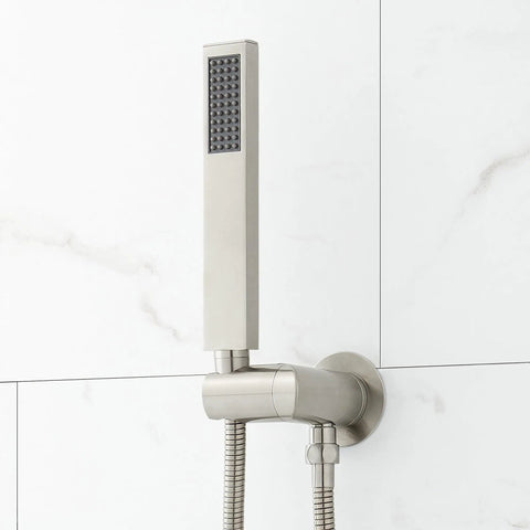 Slick Matte Black Hibiscus Thermostatic Shower System With 1.8 GPM Flow Control showerhead mounted on the wall