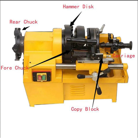 Beefed Up Electric Pipe Threader Machine With One Half To Two Inch NPT And BSPT Dies, showing chucks and controls for threading tasks.