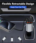 Retractable Car Charger Featuring Hella Convenient 36W Retracted Cable Plus Extra USB C And USB A Ports For Up To 75W Fast Charging Keeps Your Devices Running Smooth in a car console.