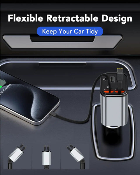 Retractable Car Charger Featuring Hella Convenient 36W Retracted Cable Plus Extra USB C And USB A Ports For Up To 75W Fast Charging Keeps Your Devices Running Smooth in a car console.