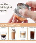 Hand holding stainless steel reusable coffee pod compatible with Vertuo Next, shown with coffee variants espresso, mocha, latte, americano.