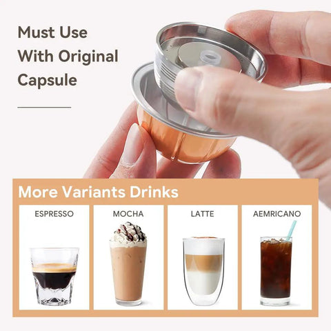 Hand holding stainless steel reusable coffee pod compatible with Vertuo Next, shown with coffee variants espresso, mocha, latte, americano.