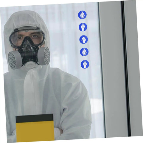 Person in protective suit with Ten Pack Protection Suit Warning Labels and Adhesive Safety Stickers for Factory Equipment