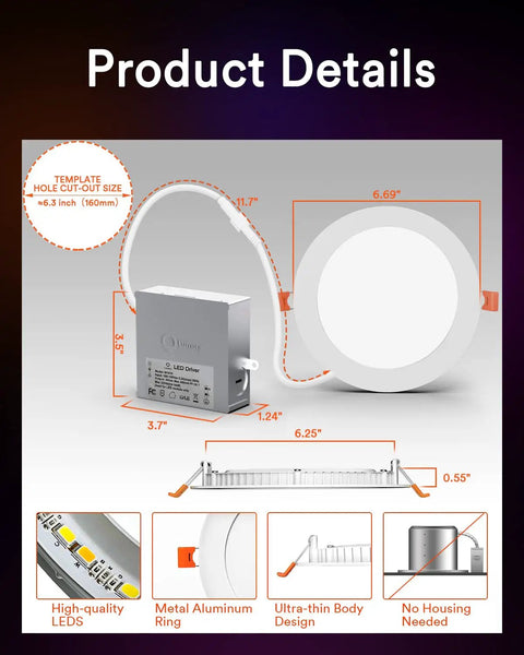 Diagram of 4 Pack 6 Inch Ultra Thin Smart WiFi Recessed Canless Downlights RGBWW with measurements and junction box shown