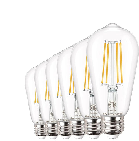 Set of 6 Vintage Edison LED Bulbs 6W, 60W Equivalent, Soft White 3000K Clear Filament ST19 E26, 700 Lumen, Non Dimmable