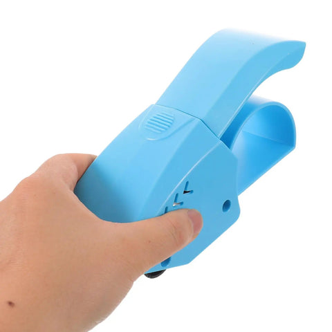 Hand holding blue Ergonomic Packing Tape Dispenser And Cutter For Quick Box Sealing With Smooth Glide And Broad Tape Compatibility, Fatigue Free Use, And Precise Cut Pro Grade Tape Gun For Warehouse, Shipping, Moving And Office Tasks.