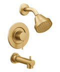 Super Sleek Brushed Gold Tub And Shower Trim Kit Featuring Smooth Pressure Balancing Controls And Water Saving Efficiency for a modern bathroom fixture.