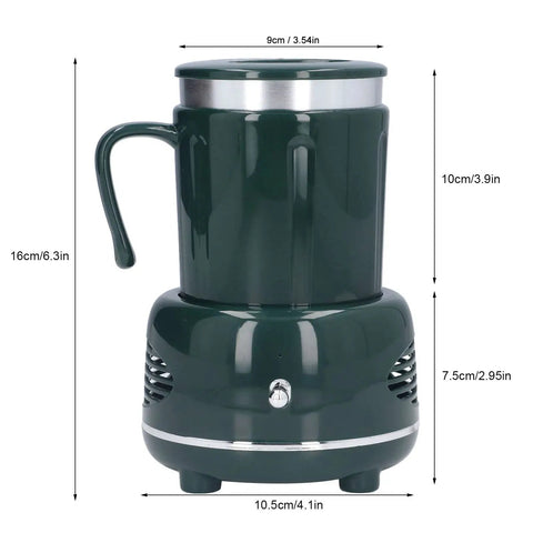 Dual Mode Electric Mug Warmer And Cooler Keeps Your Coffee Ice Cold Or Piping Hot Desktop Aluminum Heater Chiller Usb Powered Non Slip Mat For Daily Grind Green, compact green mug warmer with dimensions and handle.