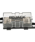 Heavy Duty 150A ANL Fuse Holder And 150 Amp 32 Volt Dc Blade Fuses For Car Audio Setup with clear cover and mounting holes.