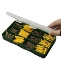 Heavy-Duty 180-Piece Self-Tapping Anchor Kit With Plastic Expansion Tubes And Cross Screws No-Prep Install Yellow Zinc Plated Carbon Steel Drywall Anchors For Strong Wall Mounts. Open organizer box with drywall anchors and screws