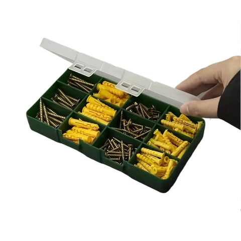 Heavy-Duty 180-Piece Self-Tapping Anchor Kit With Plastic Expansion Tubes And Cross Screws No-Prep Install Yellow Zinc Plated Carbon Steel Drywall Anchors For Strong Wall Mounts. Open organizer box with drywall anchors and screws